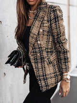Blazer de tweed a cuadros con cuello en V y doble botonadura