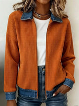 Chaqueta de punto canalé con cuello vaquero de contraste