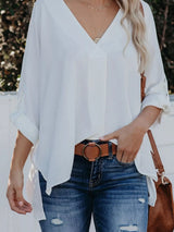 Blusa plisada elegante con cuello en V y manga larga