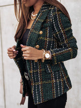 Blazer de tweed a cuadros con cuello en V y doble botonadura