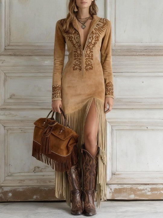 Vestido maxi occidental con media cremallera, bordado, ante sintético y flecos